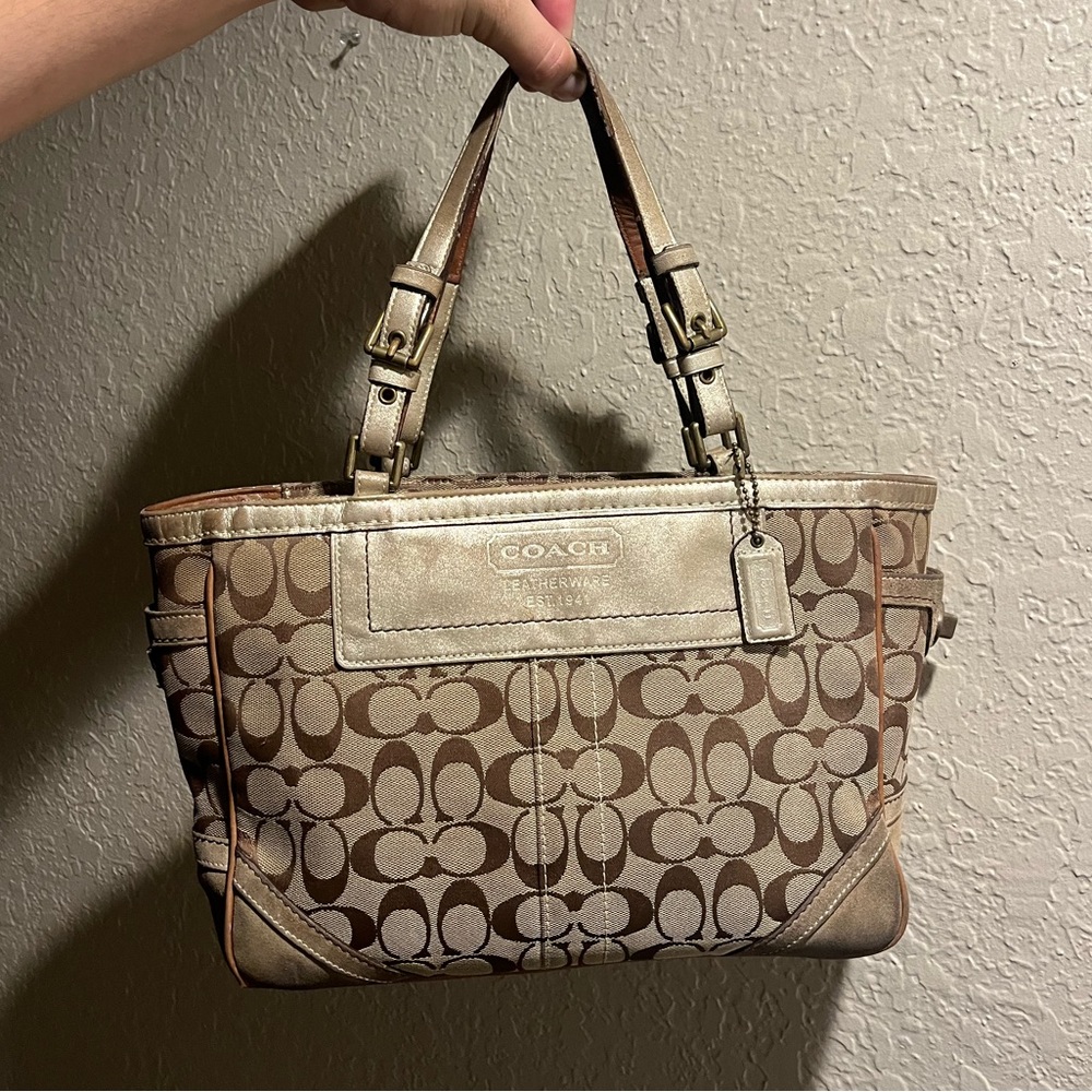 Vintage Coach Classic Khaki Monogram Shoulder/Tote Bag Purse with Turn-locks